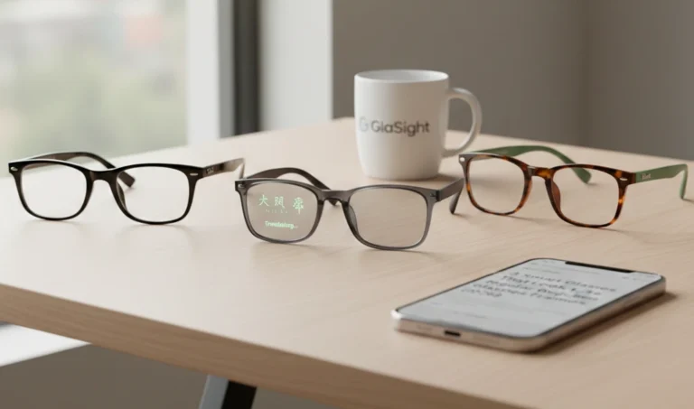 Stealth smart glasses for prescription lens wearers on a desk with GlaSight logo; lightweight 2026 frames that look like regular glasses.