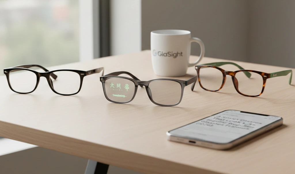 Stealth smart glasses for prescription lens wearers on a desk with GlaSight logo; lightweight 2026 frames that look like regular glasses.