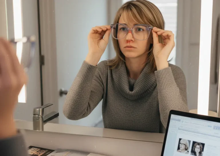 A woman sitting at a table with a mirror and laptop, looking confused while trying on oversized black glasses. The scene illustrates the frustration of choosing the wrong frame size. These Common Mistakes People Make When Buying Glasses Online