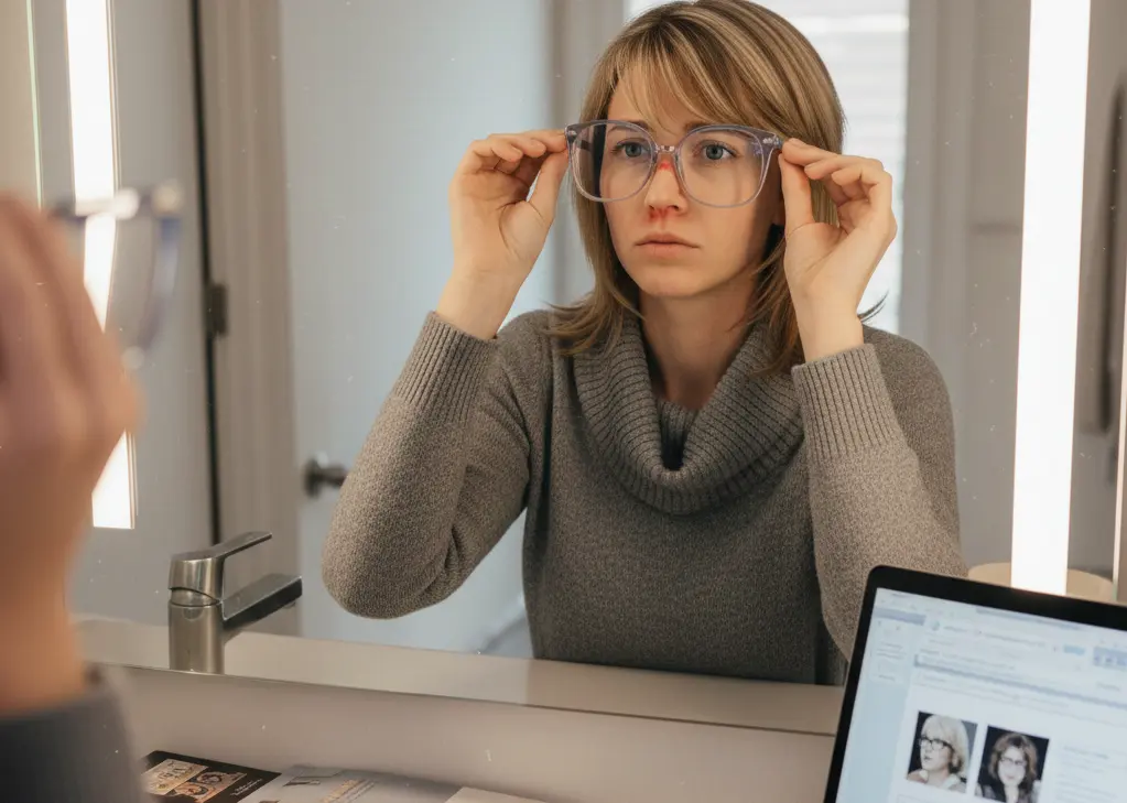 A woman sitting at a table with a mirror and laptop, looking confused while trying on oversized black glasses. The scene illustrates the frustration of choosing the wrong frame size. These Common Mistakes People Make When Buying Glasses Online