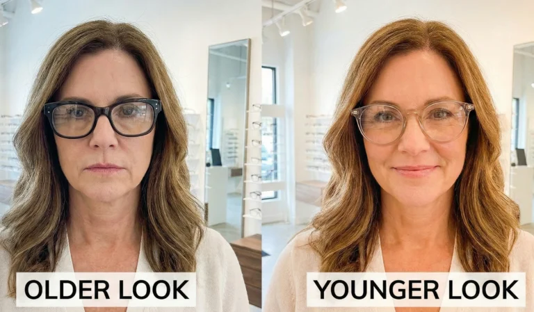 Comparison of a woman wearing heavy black frames versus light translucent white glasses, demonstrating how reducing frame contrast creates a youthful, face-lifting effect.