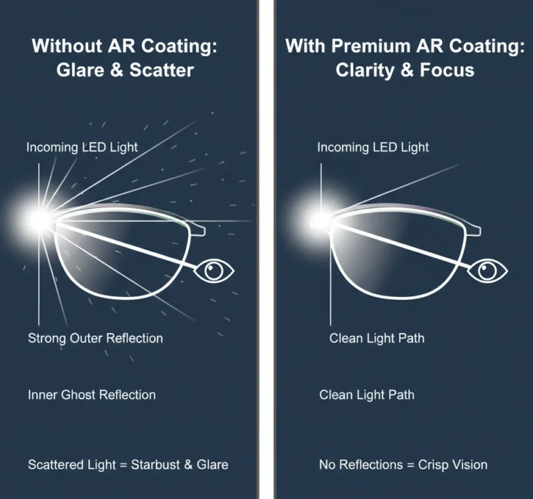 Figure 1: How Anti-Reflective (AR) Coating eliminates internal lens reflections at night. Diagram comparing uncoated lens glare vs premium AR coating for night driving