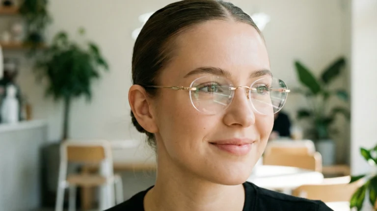 Are rimless glasses in style? Model wearing modern 2026 rimless glasses fashion trend showing invisible frameless aesthetic.