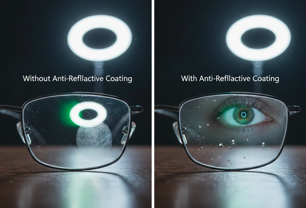 Visual comparison of glasses with and without anti-reflective coating showing reduced glare, fingerprint resistance, and improved lens clarity. For Lens Selection Guide Tool Section 1