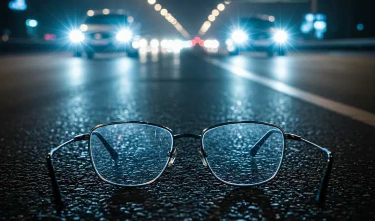Clear glasses on a night road with glowing LED headlight glare in the background, showing how people struggling with led headlights at night