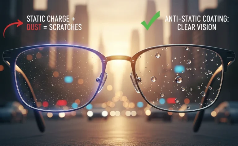 Comparison of eyeglass lenses showing why lenses get scratched, one side with microscopic scratches from urban dust and the other side protected by a clean anti-static coating in a city environment.