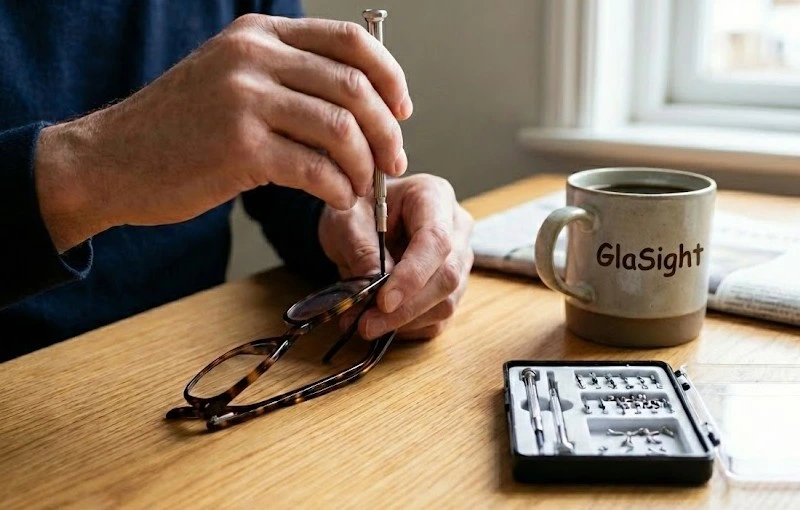 Close-up of hands using a precision optical screwdriver to tighten a loose hinge on tortoiseshell glasses