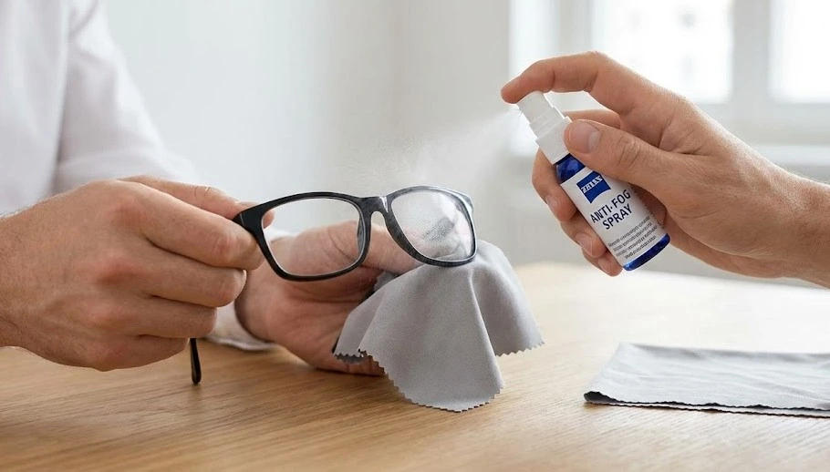 How to Stop Glasses from Fogging Up in Winter (2 Methods) 4 Close-up view of hands applying a professional anti-fog spray for glasses (Zeiss brand) onto lenses using a microfiber cloth, demonstrating an effective method on how to prevent foggy glasses.