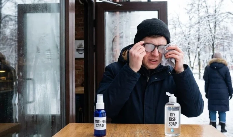 A man outside in freezing cold weather looking frustrated with completely fogged-up lenses, illustrating the common problem of glasses fogging up in winter and the need to find ways to stop glasses from fogging up.