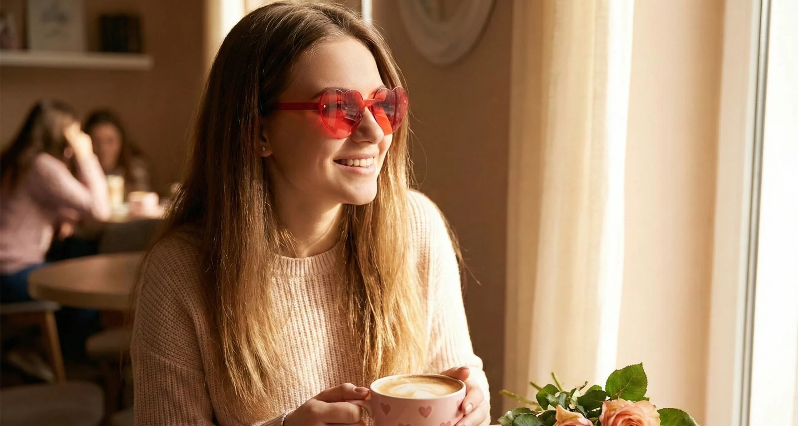 A smiling woman wearing trending red rimless heart-shaped glasses for Valentine's Day holding coffee cup in a cozy cafe, illustrating the viral 'cozy Valentine' aesthetic for 2026.