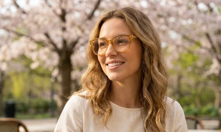 A girl wearing Translucent & Earth Tone Glasses honey color glasses for spring 2026