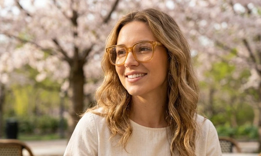 A girl wearing Translucent & Earth Tone Glasses honey color glasses for spring 2026