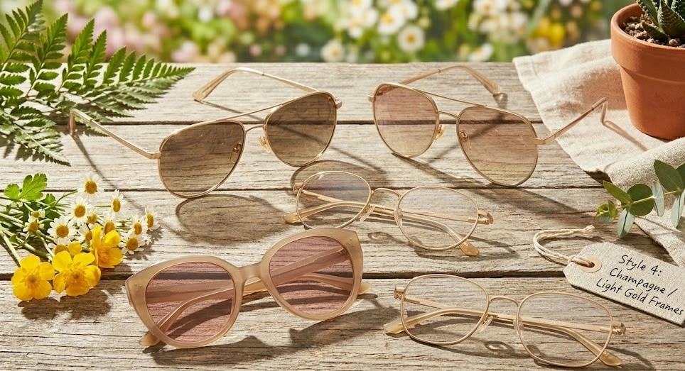 A flat lay collection of elegant champagne and light gold metal glasses and sunglasses, arranged with fresh spring flowers, greenery, and a succulent on a sunlit weathered wooden table.