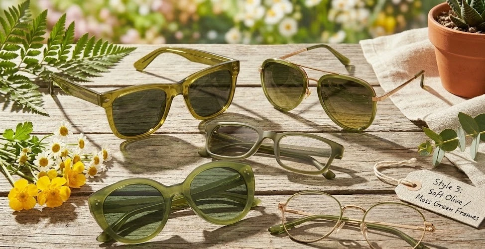 A flat lay collection of stylish soft olive and moss green glasses frames and sunglasses, set among fresh spring greenery and flowers on a sunlit wooden table.