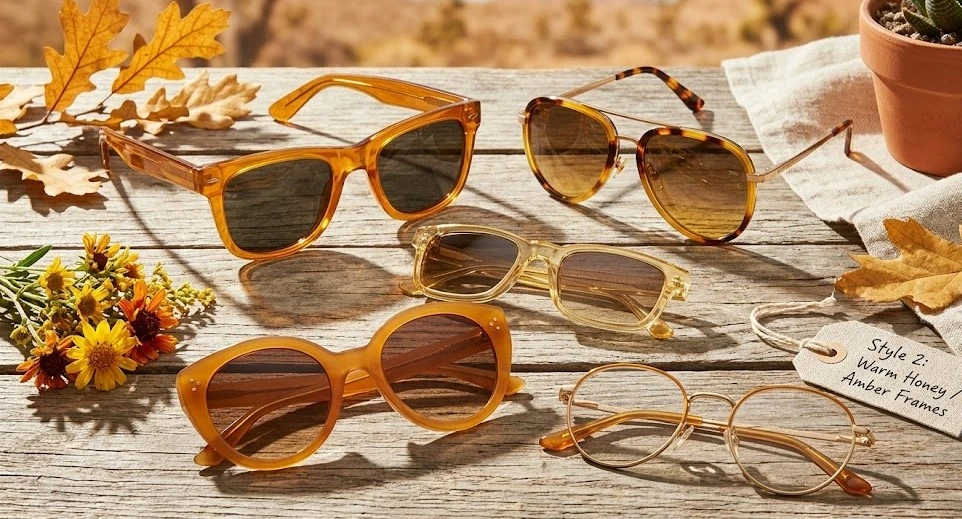 A flat lay collection of stylish warm honey and amber glasses frames and sunglasses arranged on a sunlit wooden table with spring flowers and leaves.