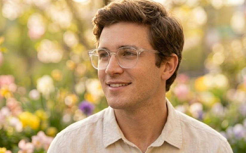 A smiling young man standing outdoors among blooming spring flowers, wearing stylish clear translucent glasses frames and a light linen shirt.
